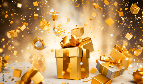 Gift boxes with golden ribbons and confetti on bokeh background. Holiday greeting card. christmas and new year gifts