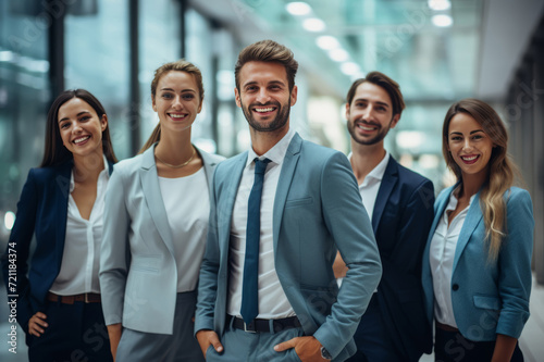 A positive atmosphere fills the office as businesspeople and their team strike a group pose, their body language reflecting a collective energy. Generative AI.