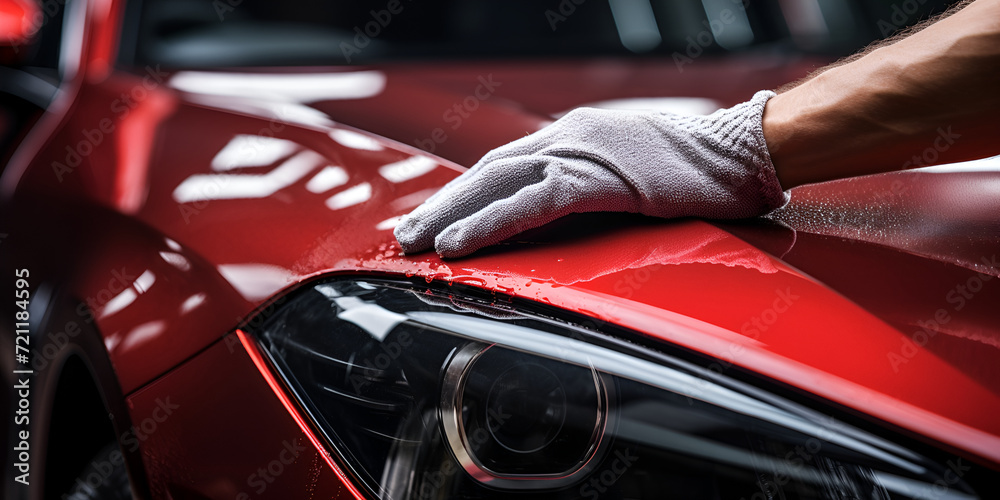 Car detailing hands with orbital polisher in car repair shop, 