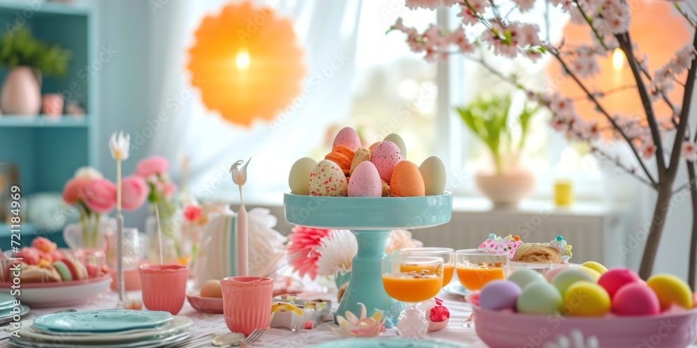 beautiful easter table decoration with painted eggs and spring flowers in pastel colors beautiful easter table decoration with painted eggs and spring flowers in pastel colors