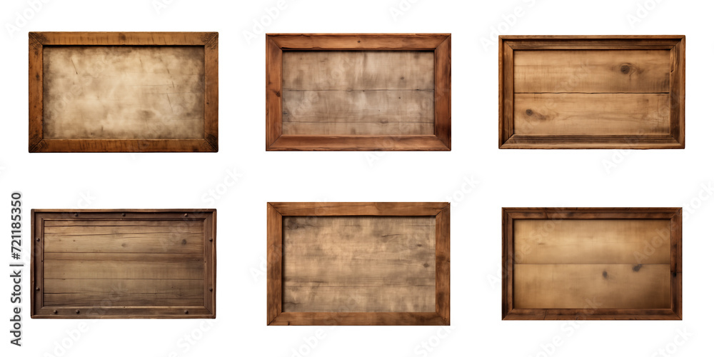 Collection of rectangular wooden signboard, plate, plank, frame isolated on a transparent background