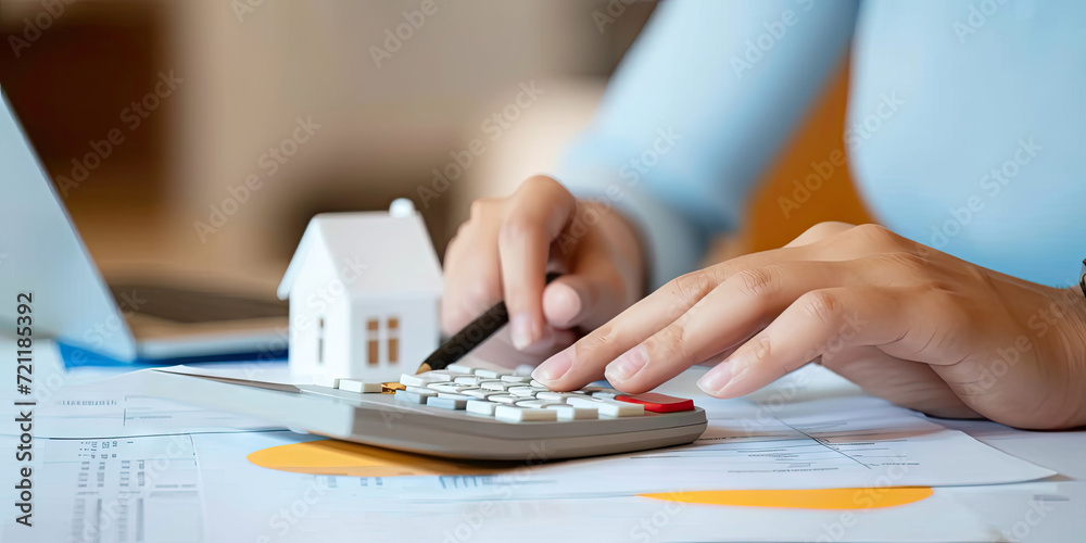 a person using a calculator to calculate the total cost of a home mortgage,people lifestyle concept
