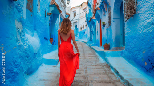 Female Tourist in red dress exploring Chefchaouen, Morocco's blue city, travel and culture.  © henjon