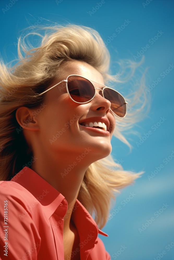 Summer Joy: Carefree Woman Smiling in Sunglasses