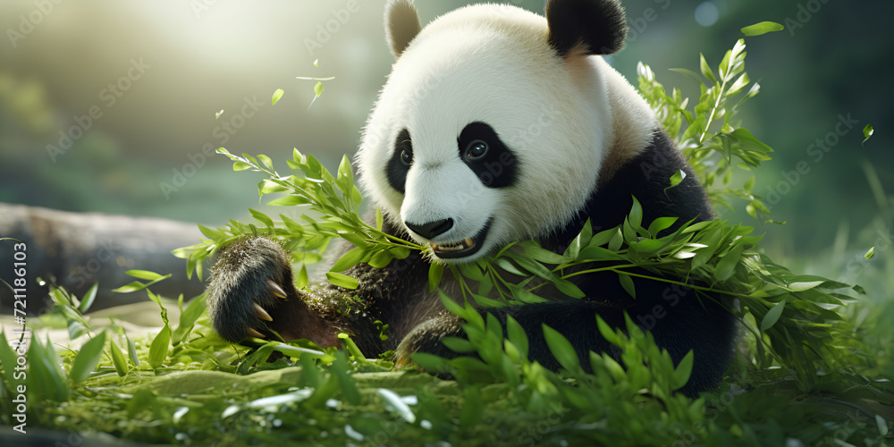 A gentle panda bear enjoys a tasty bamboo snack exuding contentment and delight in a heartwarming animal,
