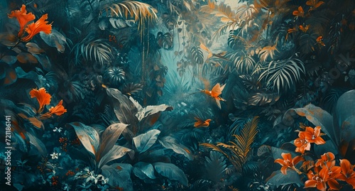 a painting of a jungle scene with flowers and plants © progressman