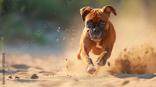 A boxer dog running on sand