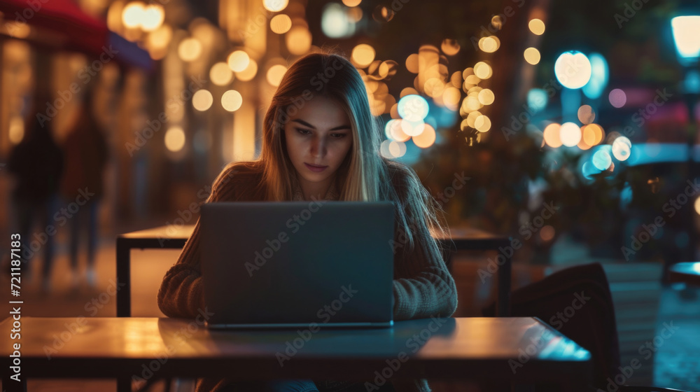 One woman, beautiful female sitting in bar outdoors and using laptop One woman, beautiful female sitting in bar outdoors and using laptop