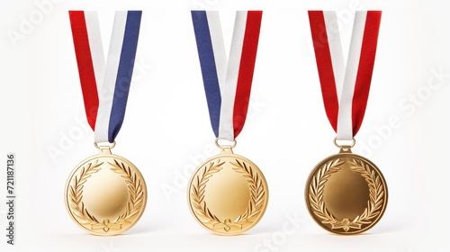 A stunning set of gold, silver, and bronze award medals on a crisp white background. Elevate your projects with these symbols of achievement and success.