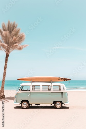 Seaside Escape: Classic Van Parked by Tropical Beach © miriam artgraphy