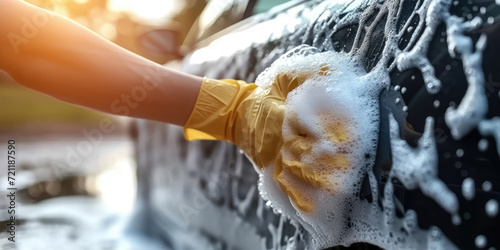 person washing car with soap foam, People cleaning car with sponge in car wash photo