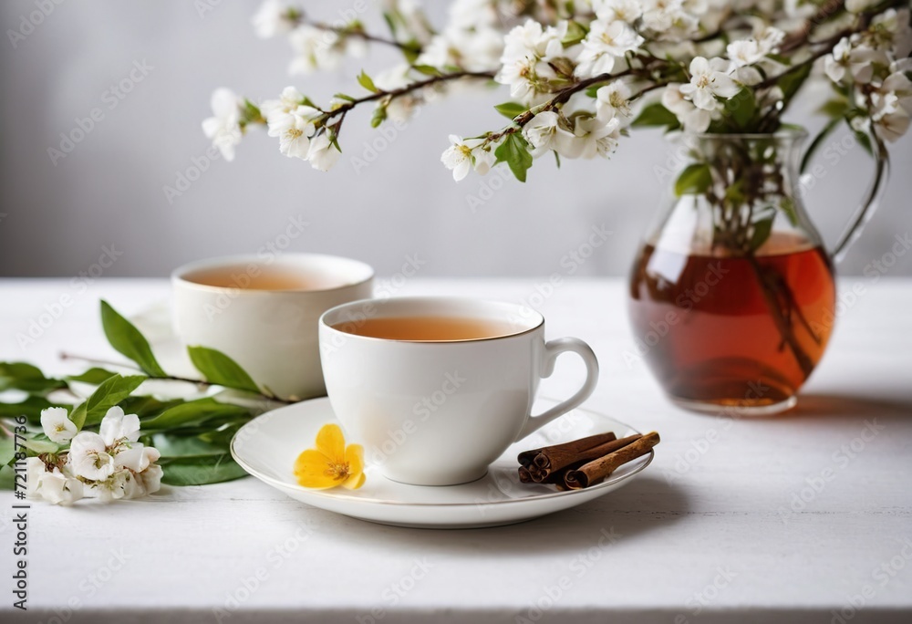 A cup of tea on a white background with flowers A cup of tea on a white background with flowers