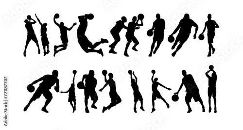 Vector set of Basketball players silhouettes, set basketball player in action with ball great set collection clip art Silhouette , Black vector illustration on white background. photo