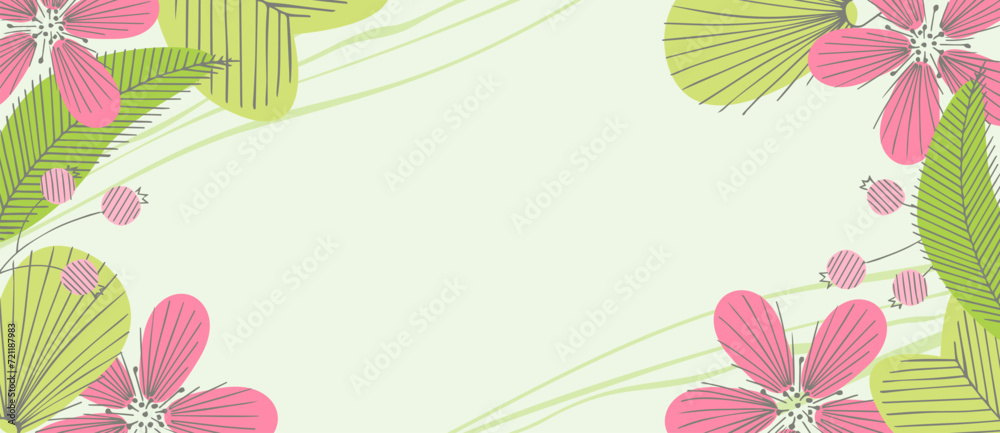 Spring abstract vector background with flowers, green branches and doodling leaves. For presentation, wallpaper, poster, banner, card, print, packaging, beauty. Vector illustration