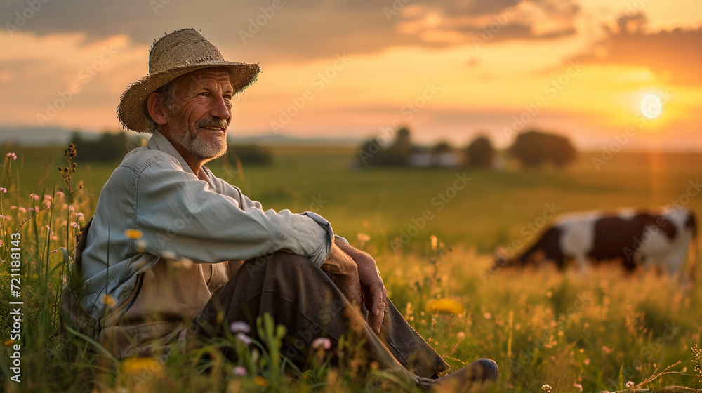 Smiling senior farmer in hat sitting on meadow and grazing cows. Smiling senior farmer in hat sitting on meadow and grazing cows.