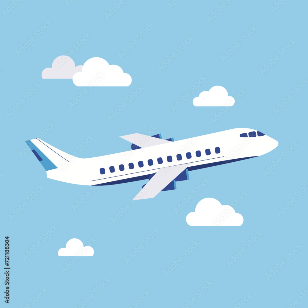 Airplane in the sky with clouds.Travel concept vector illustration isolated background icon