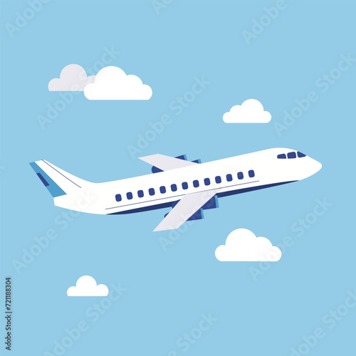 Airplane in the sky with clouds.Travel concept vector illustration isolated background icon