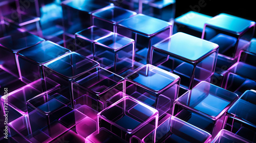 Abstract digital art of transparent overlapping squares with a neon glow on a black background, reflecting blue and purple hues