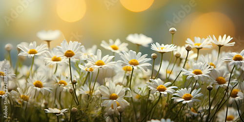 Field of chamomile in summer sunny day in nature. Beautiful flower background. Charming Camomile Fields in Summer