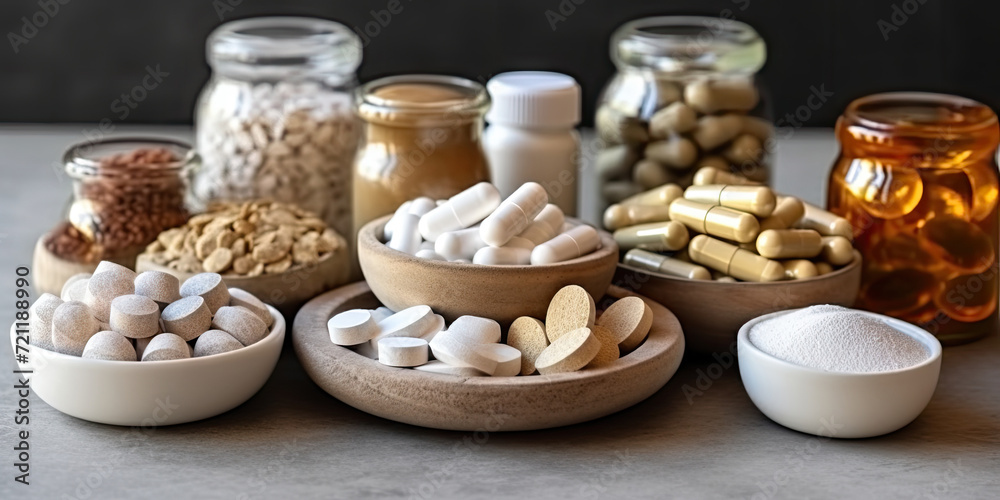  different supplements and pills are placed in various small bowls, Various dietary supplements for health and beauty, like collagen, vitamins, biotin, and protein, in pill and powder form - obrazy, fototapety, plakaty 