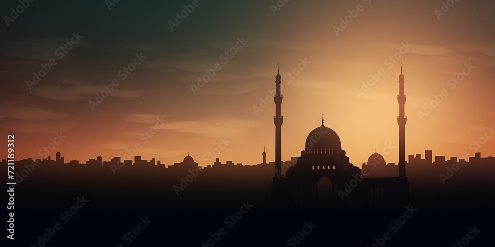 Islamic mosque dramatic sunset scene mosque in a field with a sunset and clouds, Islamic civilization in europe during sunset, 

