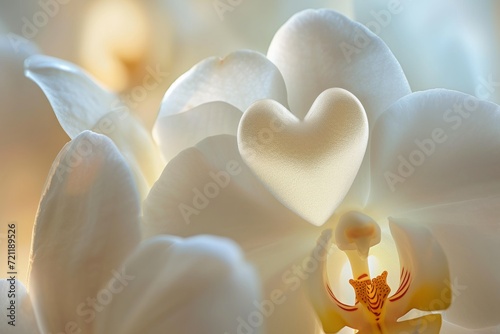 delicate heart nestled on a white orchid petal, Generative AI