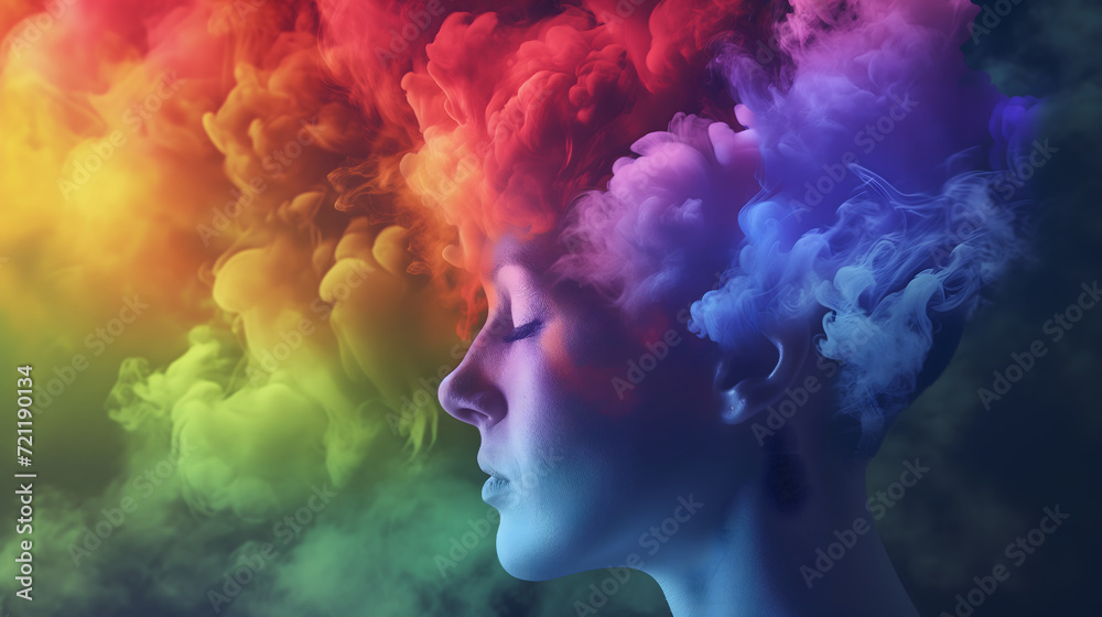 Woman's Profile with Colorful Rainbow Smoke for Neurodiversity Concept, Autism Awareness Month