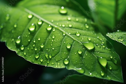 Green leaf with water droplets symbolizes environmental care and sustainability.