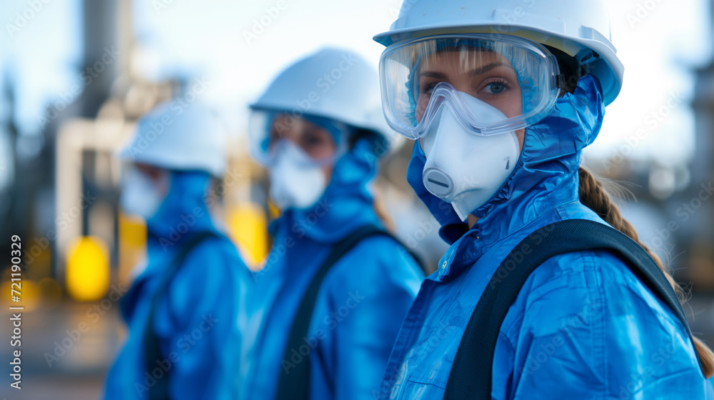 Industrial Workers in Protective Suits and Masks at Worksite Industrial Workers in Protective Suits and Masks at Worksite