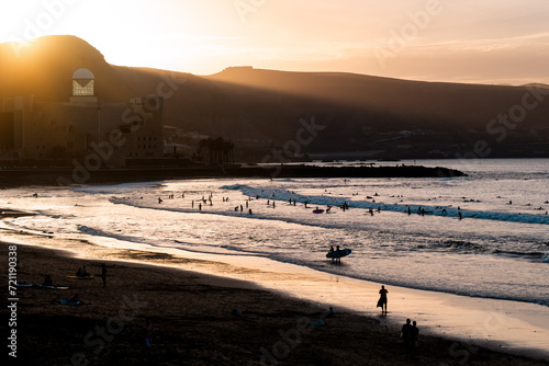 Sunset above beach of Las Palmas, Gran Canaria, Spain