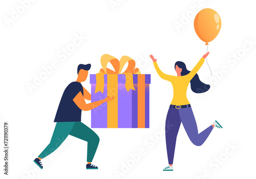 Online reward concept. Young group of happy people getting bonuses and receiving gift boxes. Vector illustration for loyalty program, promotion, marketing. Modern flat style design for landing page