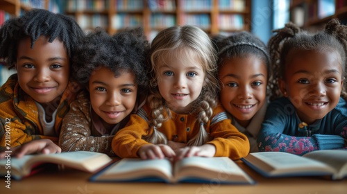 Multiracial group of happy children in a library reading books. Concept of reading, friends, equality and diversity in school.