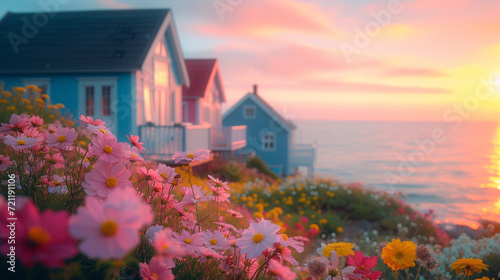 Colorful coastal cottages bathed in the soft light of dawn  surrounded by blooming flowers and a serene ocean backdrop. 