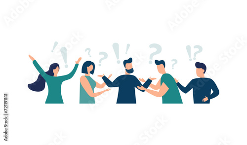 Vector illustration of people communicating in search of ideas, problem solving, use in web projects and applications. teamwork, brainstorming. Flat style isolated background