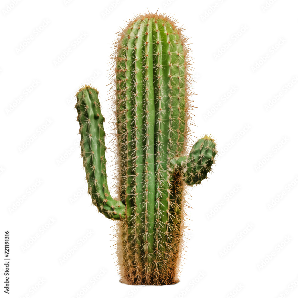 Naklejka premium Green cactus isolated on transparent background. Green cactus with spines grown at home. Concept of looking after decorative cactus at home.