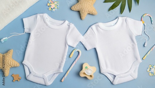 White Onesie, Romper or Bodysuit for Babies - Baby Twin Celebration Announcement or Product Placement - Mockup for Naming © Eggy