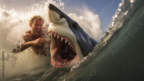 A surfer attacked by a shark while riding in the ocean waves. Man fights a scary shark in the water. A dangerous shark attacks a man in the sea, concept. Guy fights for his life with a dangerous fish.