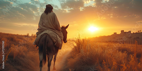 Jesus Christ son of God riding on donkey, Bible illustration, religious tale, Christian art, generated ai © dan