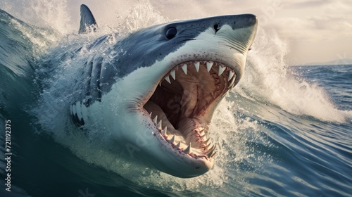 Shark jumping out of the ocean wave. Scary shark with an open mouth  swimming in the waves. Dangerous animal in the ocean. Shark infested waters