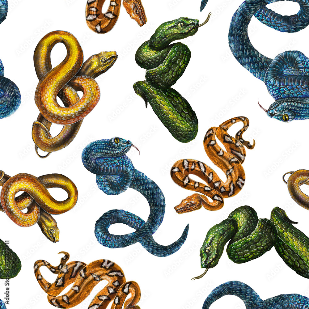 Naklejka premium Seamless pattern with colorful snakes. Stylish texture. Watercolor drawing isolated on white background. 