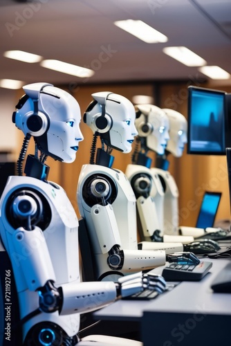 Row of robots in call center working as operators answering customer calls