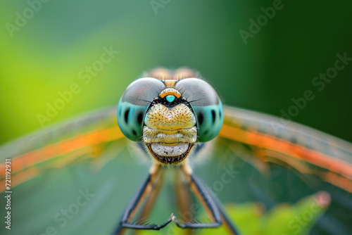 Close up of a blue dragonfly on a green leaf in nature