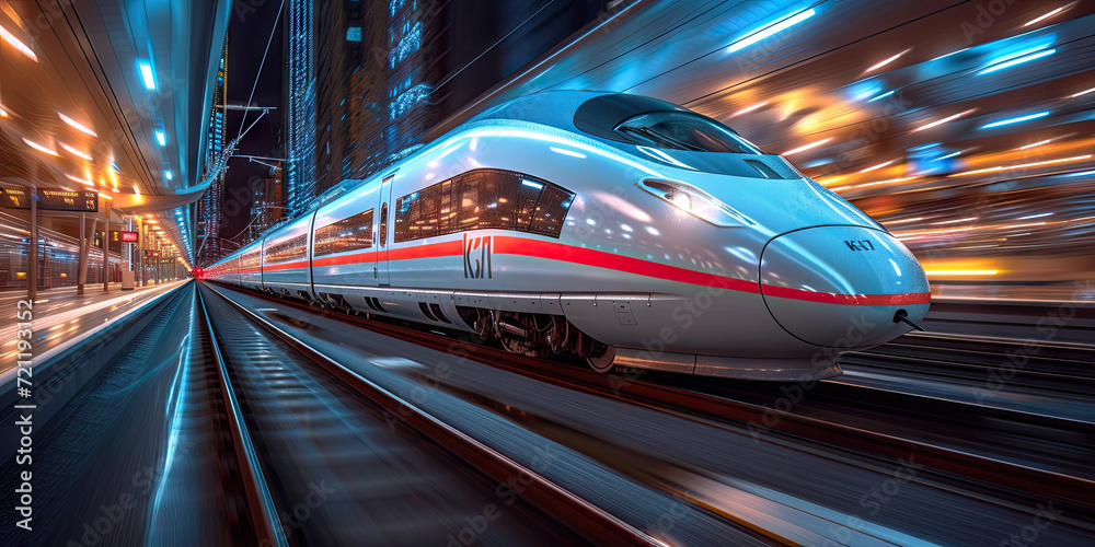 Fototapeta premium the new highspeed passenger train, modern High speed train in motion on the railway station at sunset