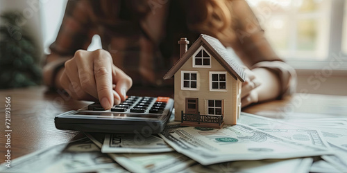 a person using a calculator to calculate the total cost of a home mortgage,people lifestyle concept