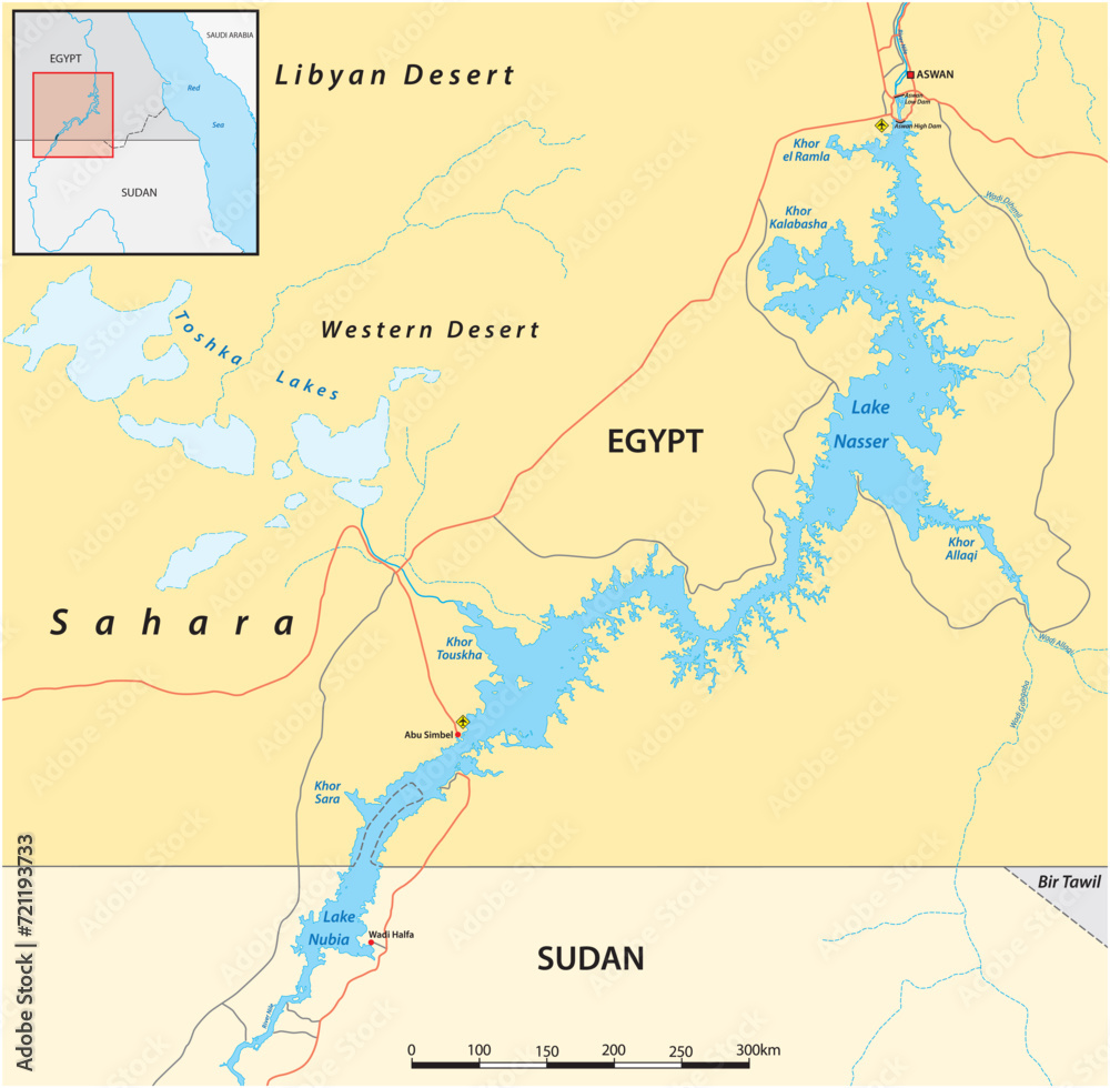 Vector map of Lake Nasser reservoir Egypt Sudan