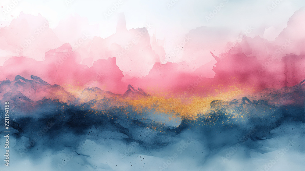 Stunning Watercolor Landscape: Pink Sky, Blue Mountains, Golden Horizon - Art for Home Decor and Relaxation