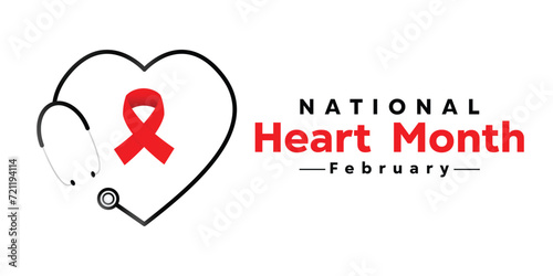 Background National Heart Month, which features heart-shaped stethoscopes adorned with red ribbons, banners, posters, social media content, cards and more.