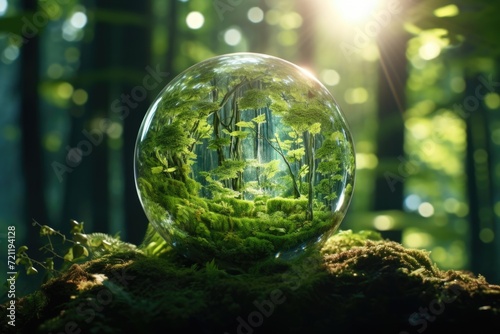 hand holding glass globe ball with tree growing.eco concept