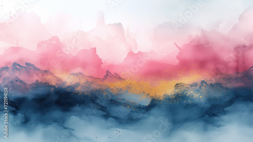 Stunning Watercolor Landscape: Pink Sky, Blue Mountains, Golden Horizon - Art for Home Decor and Relaxation © Agus Wira