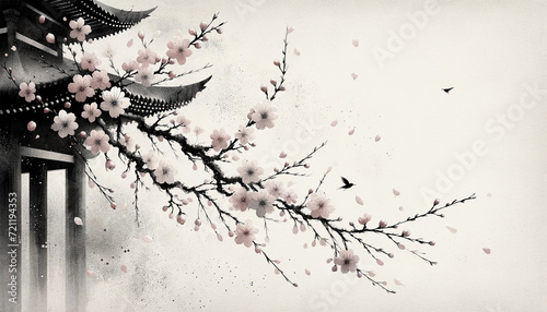 Whispers of Spring: Cherry Blossoms and the Pagoda's Shadow by using Asian ink wash painting style
